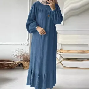 2024 Muslim Women's Robe Spring And Autumn New Fashion Puff Sleeve Vintage Pocket Hem Ruffled Dress